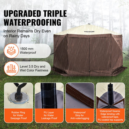 Pop-up-paviljongtält, pop-up-skärmtält med 6 sidor, solskydd med 6 avtagbara vindskydd och nätfönster, 12,5x12,5 fot, snabbmonterat skärmtält med myggnät, brunt