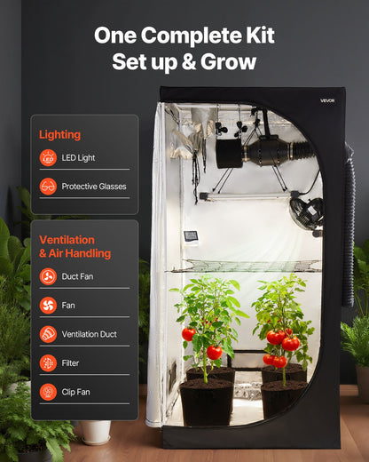 Inomhusväxttältkit, 100 x 100 x 200 cm, inomhusväxttält med fullspektrum LED-växtljus och ventilationssystem, 600D högreflekterande Mylar, odlingstält för blomstergrönsaker