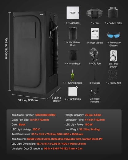 Inomhusväxttältkit, 80 x 80 x 180 cm, inomhusväxttält med fullspektrum LED-växtljus och ventilationssystem, 600D högreflekterande Mylar, odlingstält för blomstergrönsaker