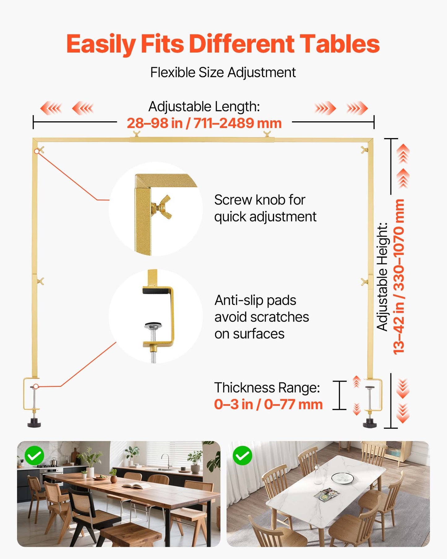 Stativ över bordet med klämmor, justerbar 71-249 cm längd och 33-106 cm höjd, bordsbågsstativ med blomstertillbehör, guldfärgad ballongram för bröllop, födelsedagsfest, juldekoration