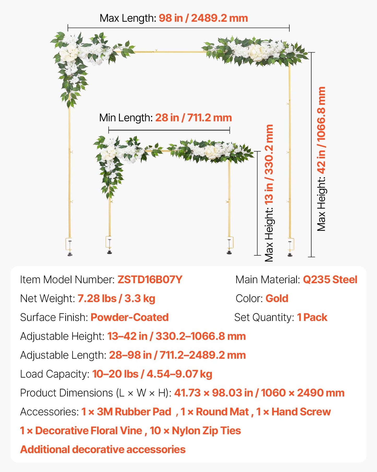 Stativ över bordet med klämmor, justerbar 71-249 cm längd och 33-106 cm höjd, bordsbågsstativ med blomstertillbehör, guldfärgad ballongram för bröllop, födelsedagsfest, juldekoration