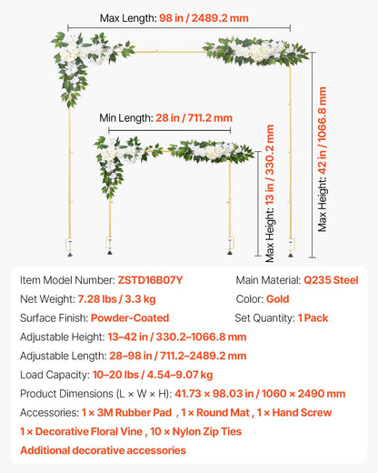 Stativ över bordet med klämmor, justerbar 71-249 cm längd och 33-106 cm höjd, bordsbågsstativ med blomstertillbehör, guldfärgad ballongram för bröllop, födelsedagsfest, juldekoration