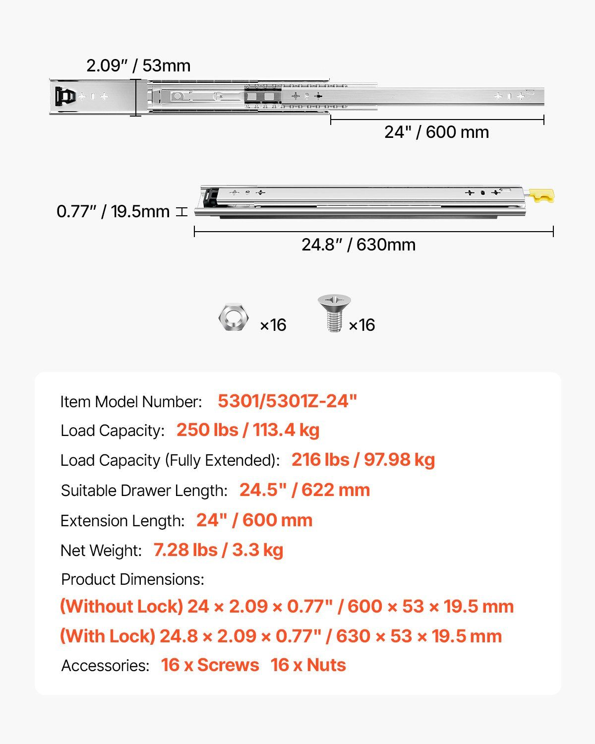 1 par lådskenor med full utdragbar låda 16 18 20 24 30 35 37,4 59 24 32 36 40 48 60 tum, 250 lbs lastkapacitet Låsbara lådskenor, kullager med låsbar sidomonterad lådskena
