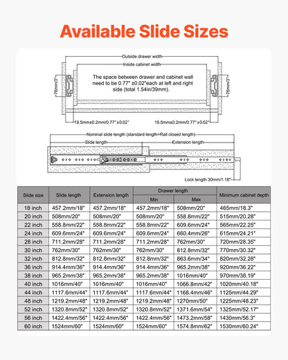 1 par lådskenor med full utdragbar låda 16 18 20 24 30 35 37,4 59 24 32 36 40 48 60 tum, 500 lbs lastkapacitet Låsbara lådskenor, kullager med låsbar sidomonterad lådskena