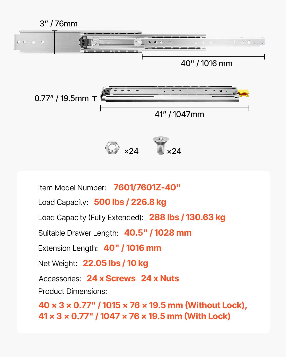 1 par lådskenor med full utdragbar låda 16 18 20 24 30 35 37,4 59 24 32 36 40 48 60 tum, 500 lbs lastkapacitet Låsbara lådskenor, kullager med låsbar sidomonterad lådskena