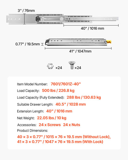 1 par lådskenor med full utdragbar låda 16 18 20 24 30 35 37,4 59 24 32 36 40 48 60 tum, 500 lbs lastkapacitet Låsbara lådskenor, kullager med låsbar sidomonterad lådskena