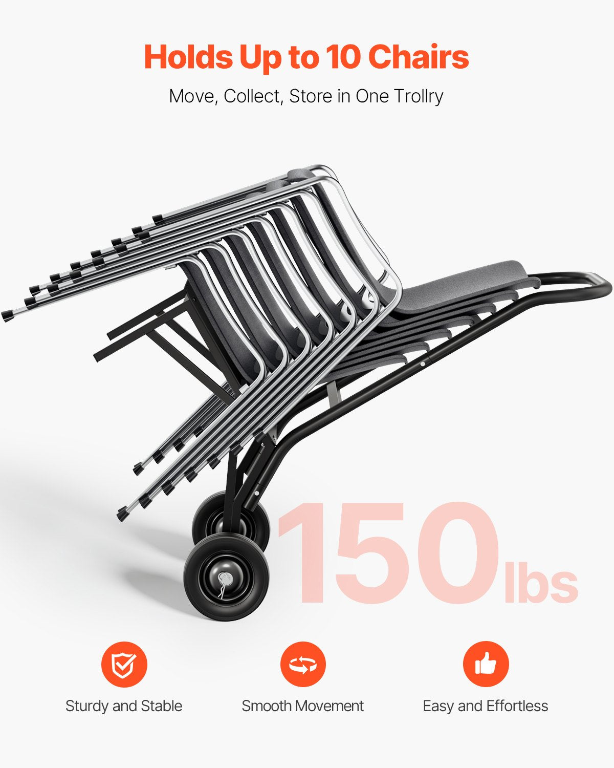 Hopfällbar stolsställning, kapacitet 150 kg, kraftig stolsvagn för stapling av 10 stolar, multifunktionell metallstolsvagn med gummihjul, skjutbar stolshållare, mattsvart