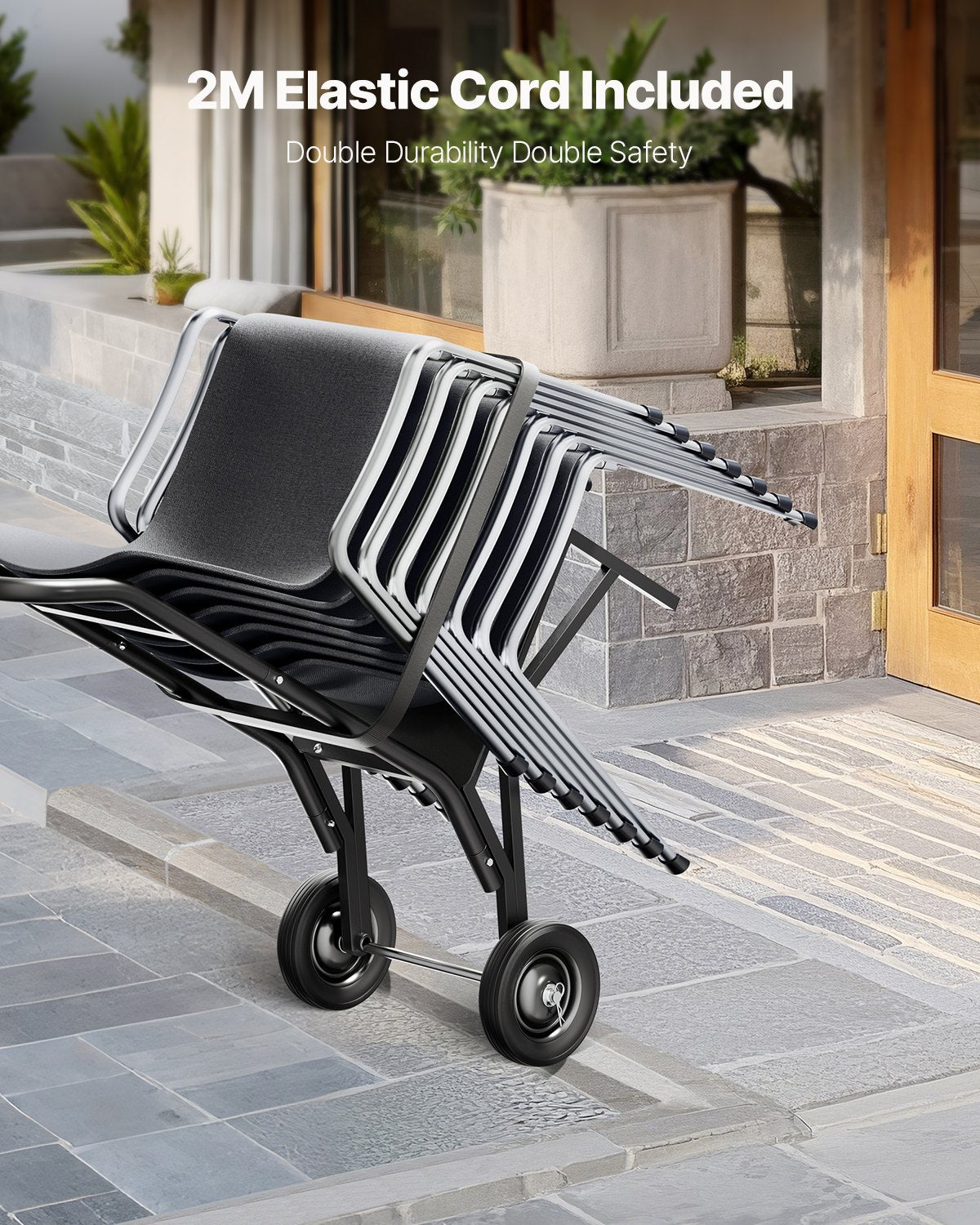 Hopfällbar stolsställning, kapacitet 150 kg, kraftig stolsvagn för stapling av 10 stolar, multifunktionell metallstolsvagn med gummihjul, skjutbar stolshållare, mattsvart