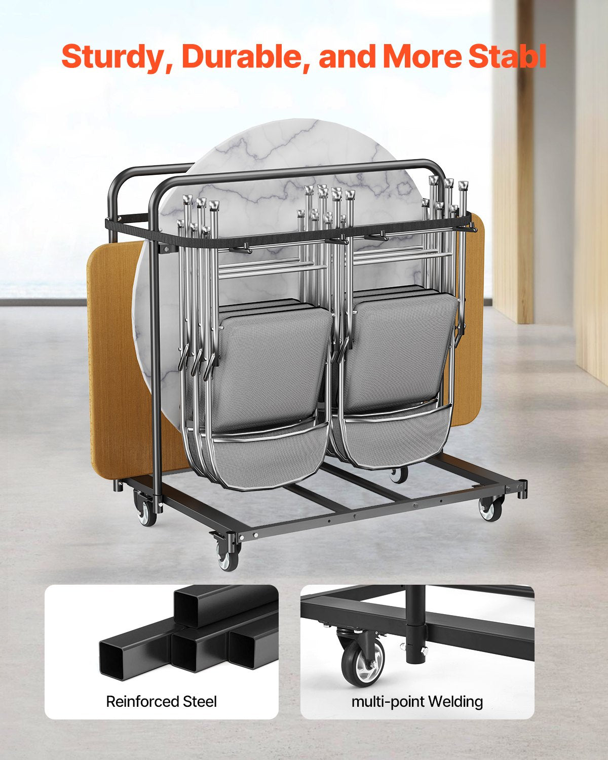 Hopfällbar stolsställ, kapacitet 180 kg, kraftig stolsvagn för 5 bord + 14 stolar, stolsförvaring med svängbara hjul och låsbara hjul, för festevenemang, hotell, mattsvart