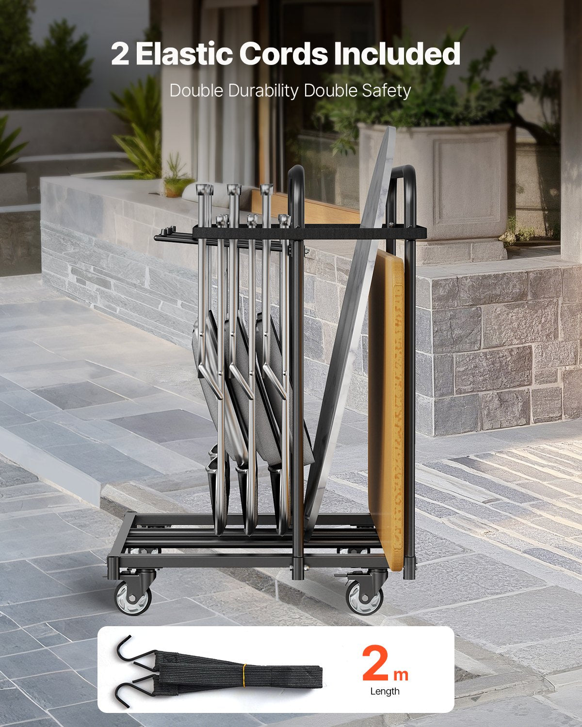 Hopfällbar stolsställ, kapacitet 180 kg, kraftig stolsvagn för 5 bord + 14 stolar, stolsförvaring med svängbara hjul och låsbara hjul, för festevenemang, hotell, mattsvart