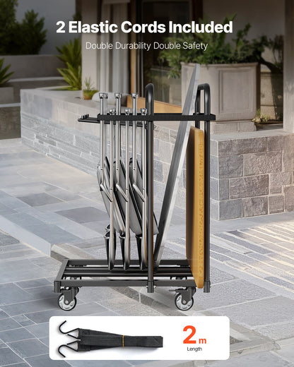 Hopfällbar stolsställ, kapacitet 180 kg, kraftig stolsvagn för 5 bord + 14 stolar, stolsförvaring med svängbara hjul och låsbara hjul, för festevenemang, hotell, mattsvart