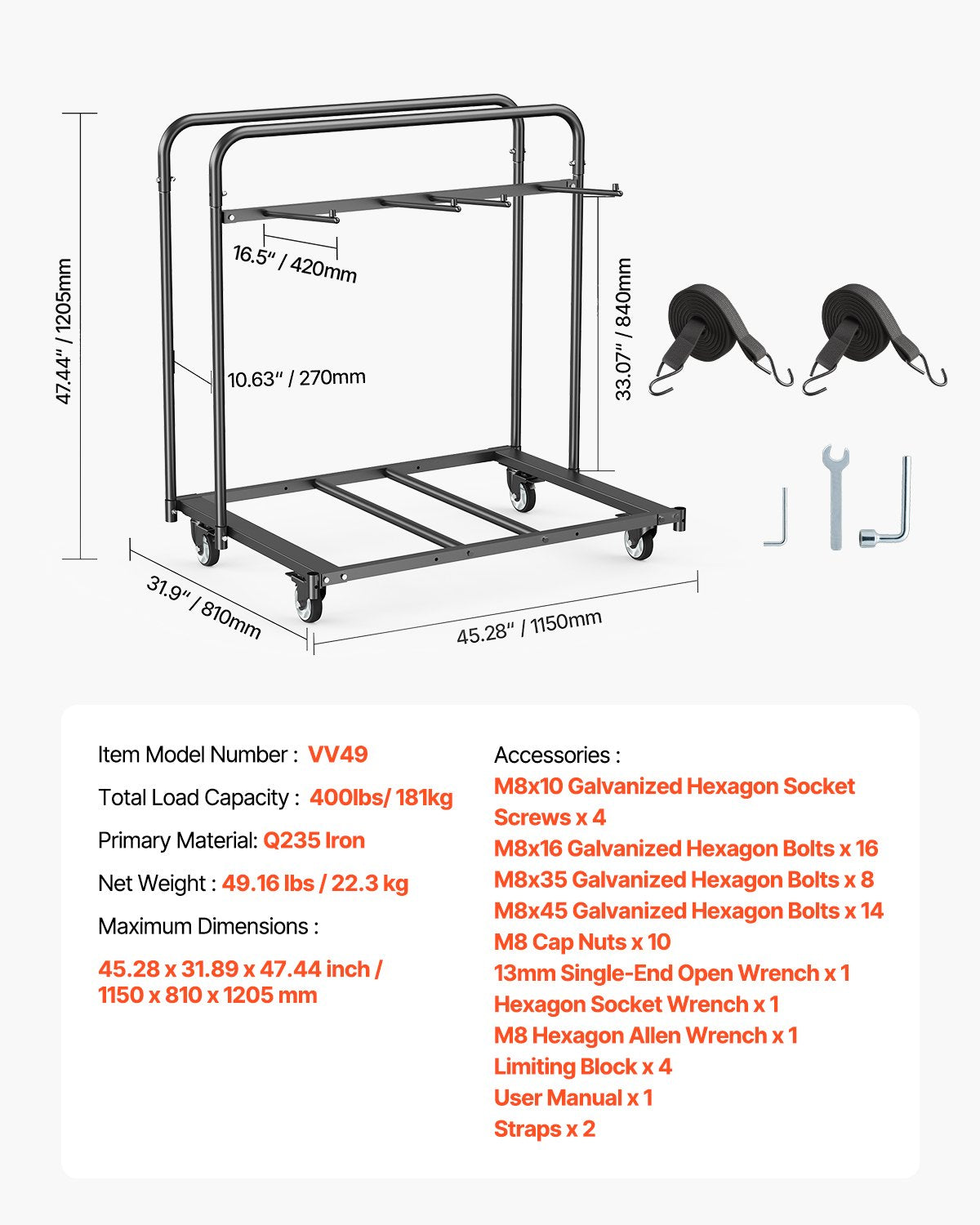 Hopfällbar stolsställ, kapacitet 180 kg, kraftig stolsvagn för 5 bord + 14 stolar, stolsförvaring med svängbara hjul och låsbara hjul, för festevenemang, hotell, mattsvart