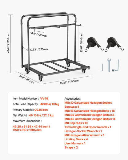 Hopfällbar stolsställ, kapacitet 180 kg, kraftig stolsvagn för 5 bord + 14 stolar, stolsförvaring med svängbara hjul och låsbara hjul, för festevenemang, hotell, mattsvart